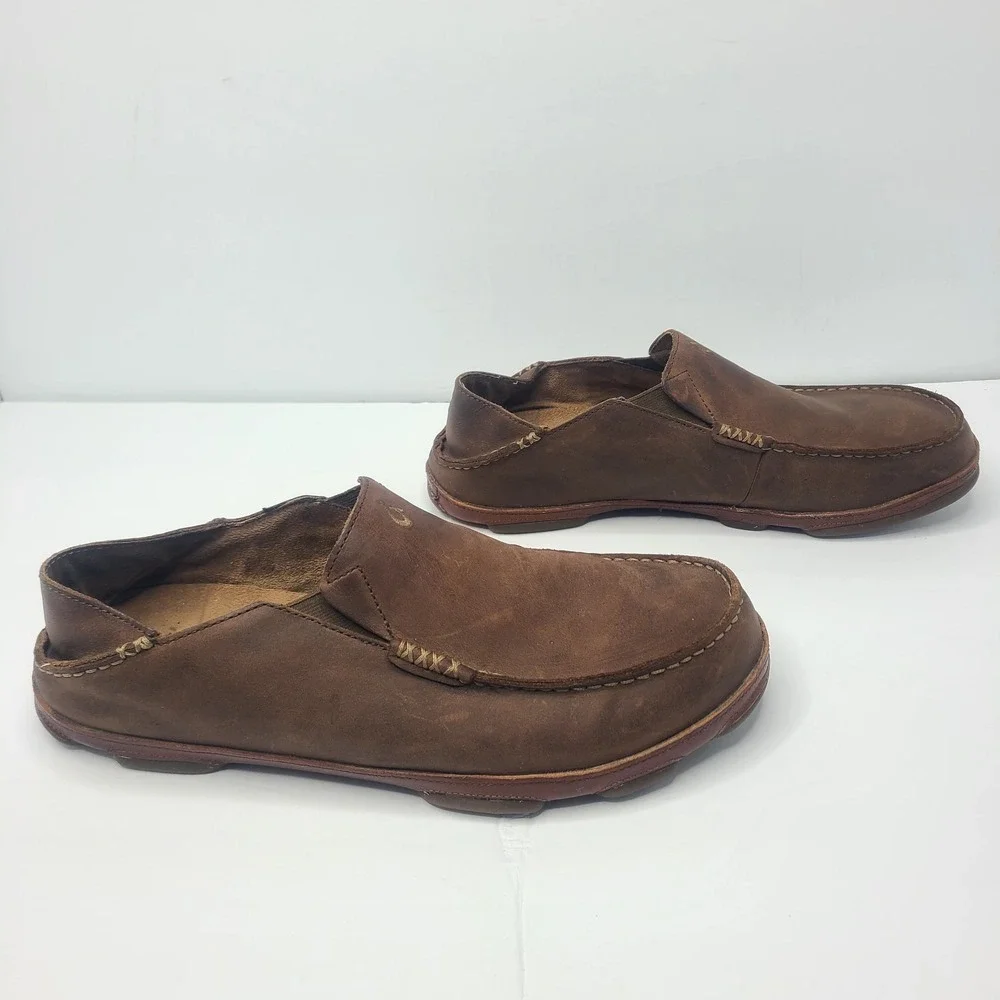 OluKai Moloa Mens 13 Leather Slip On Drop In Heel Shoes Toffee Loafers